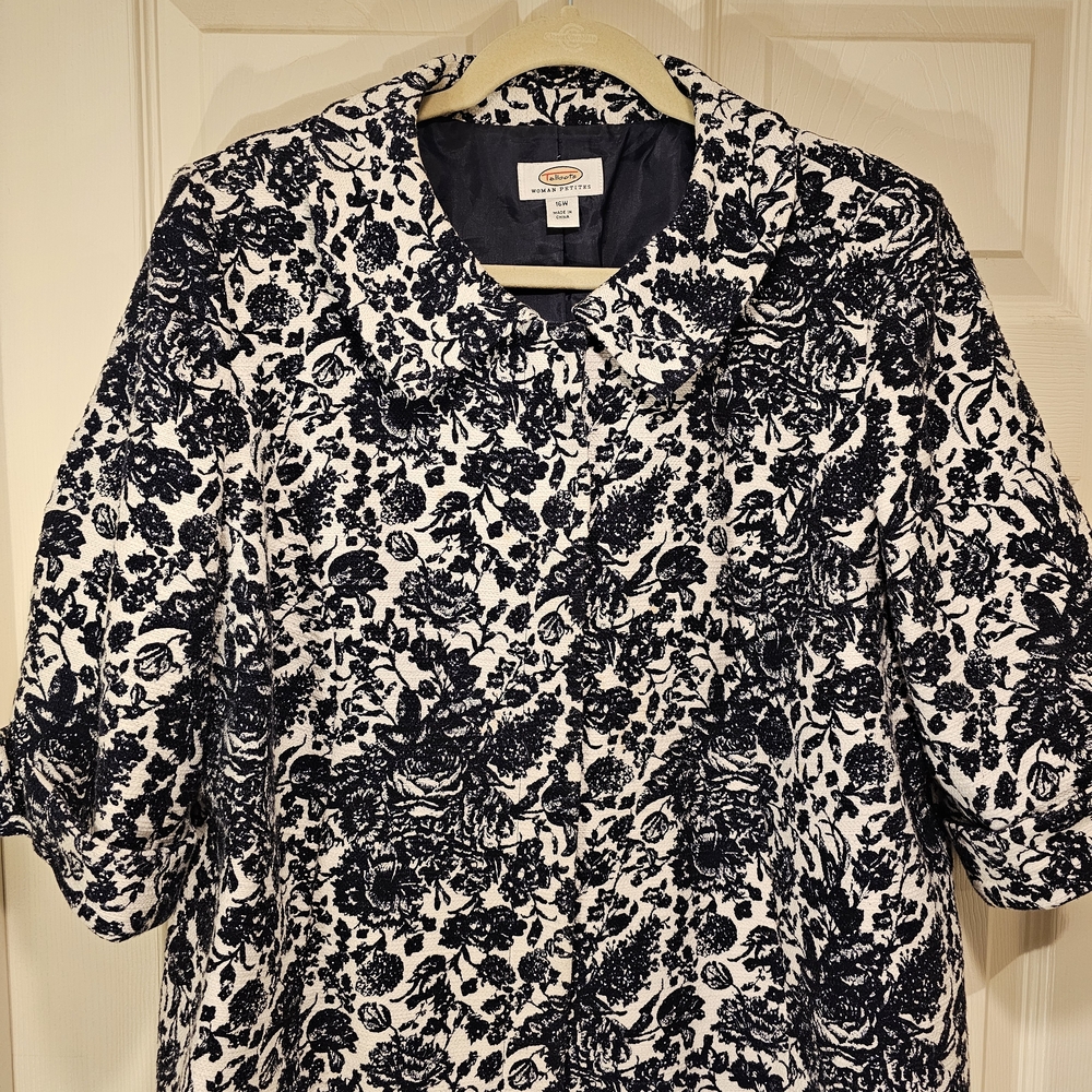 Talbot Navy and White Floral Jaquard Textured Floral Jacket, Hidden Snap Front